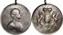 Undated (circa 1776-1814) George III Indian Peace Medal. Struck Solid Silver. Large Size. Adams 7.3. Choice Extremely Fine.

76.4 mm. 1586.8 grains....