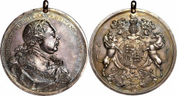 1814 George III Indian Peace Medal. Silver. Large Size. Adams 12.1. Choice Extremely Fine.

75.2 mm. 1882.5 grains. The original suspension hanger i...