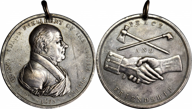 1825 John Quincy Adams Indian Peace Medal. Silver. First Size. Julian IP-11, Pru...