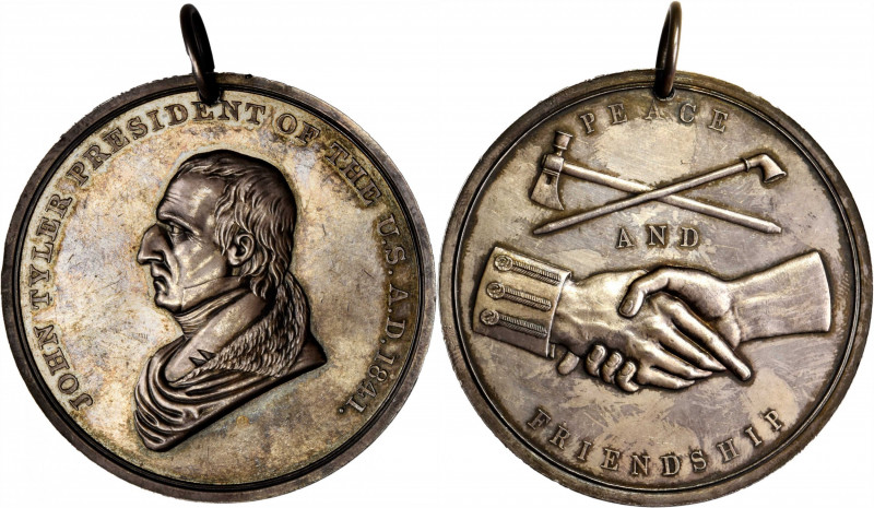 1841 John Tyler Indian Peace Medal. Silver. Second Size. Julian IP-22, Prucha-45...