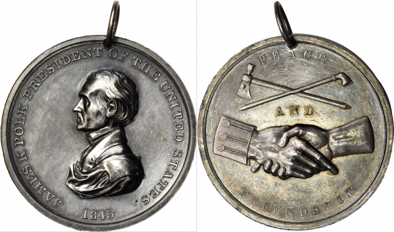 1845 James K. Polk Indian Peace Medal. Silver. Second Size. Julian IP-25, Prucha...
