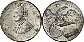 1834 American Eagle medal. Musante GW-147, Baker-55. White Metal. Plain edge. MS-61 (PCGS).

50.0 mm. 664.6 grains. Pierced for suspension, but clea...