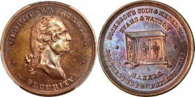 Circa 1859 Dickeson’s Coin and Medal Safe store card. Musante GW-257, Baker-530A, Miller Pa-143. Copper. MS-66 RB (PCGS).

31.8 mm. Mottled violet, ...