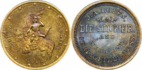 1862 Young America / J.A. Bolen Store Card. Musante JAB-5. Brass. Marked “B 75 BRASS” on edge. MS-66 (PCGS).

27.8 mm. 143.8 grains. An exceptional ...