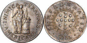 “1785” (ca. 1863) Confederatio Cent, Large Stars. By J.A. Bolen. Musante JAB-7. Silver. MS-62 (PCGS).

27.8 mm. 163.7 grains. Mostly medium silver g...