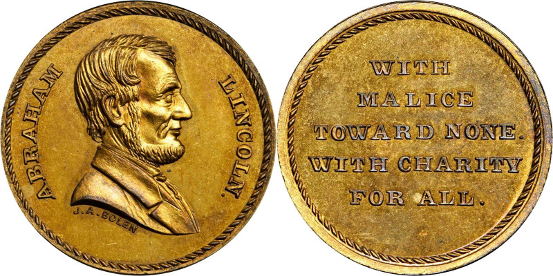 Undated (ca. 1865) Abraham Lincoln / With Malice Toward None medal by J.A. Bolen...