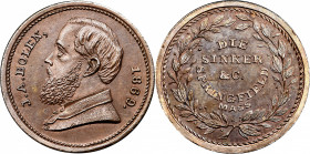 1869 J.A. Bolen Store Card. Musante JAB-35. Copper. MS-66 BN (PCGS).

25.4 mm. 137.9 grains. Rich chocolate brown with soft blue toning in the field...