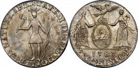 “1787" (ca. 1869) Standing Indian / Arms of New York muling by J.A. Bolen. Musante JAB M-11. Silver. Marked “B” on edge. MS-64 (PCGS).

26.1 mm. 91....
