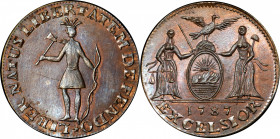 “1787" (ca. 1869) Standing Indian / Arms of New York muling by J.A. Bolen. Musante JAB M-11. Copper. Marked “B 40 STRUCK” on edge. MS-66 BN (PCGS).
...