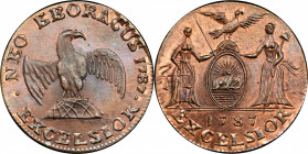 "1787" (ca. 1869) Eagle on Globe / Arms of New York muling by J.A. Bolen. Musante JAB M-12. Copper. Marked “B 5 STRUCK” on edge. MS-67+ RB (PCGS).

...