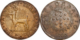 “1785” (ca. 1864) Higley / Confederatio Cent, Large Stars muling. Dies by J.A. Bolen. Musante JAB M/E-13. Copper. Ornamented edge. Uncirculated Detail...