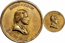 Undated (ca. 1872) Jefferson / Jackson Muling. Dies by J.A. Bolen. Musante JAB K-1. Brass. MS-63 (PCGS).

25.5 mm. 132.4 grains. Deep olive gold bra...