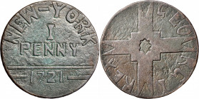 “1721” New York Penny Fantasy Re-reengraved Copper. About as Made.

Engraved over an unidentified copper, probably a halfpenny, with some smoothing ...