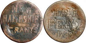 “1737” New Hampshire Grants Half Penny Fantasy Re-engraved Copper. About as Made.

Carved out of a worn copper with some greenish patina, perhaps a ...