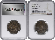 1834 Whig Victory. HT-15, Low-7, DeWitt-CE 1834-2, W-10-20a. Rarity-6. Copper. Reeded Edge. MS-63 BN (NGC).

27 mm. Satiny golden-copper surfaces wi...