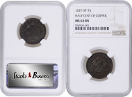 1837 Half Cent. HT-73, Low-49, W-11-710a. Rarity-1. Copper. Plain Edge. MS-64 BN (NGC).

23.5 mm. Lovely glossy chocolate-brown surfaces are impress...