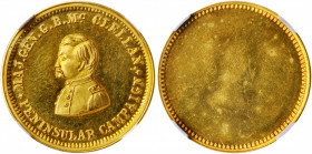 Civil War Identification Tag. Unissued. McClellan. Maier-Stahl 1D, DeWitt-GMcC 1864-30. Gilt. MS-64 DPL (NGC).

19 mm. Bright golden-yellow surfaces...