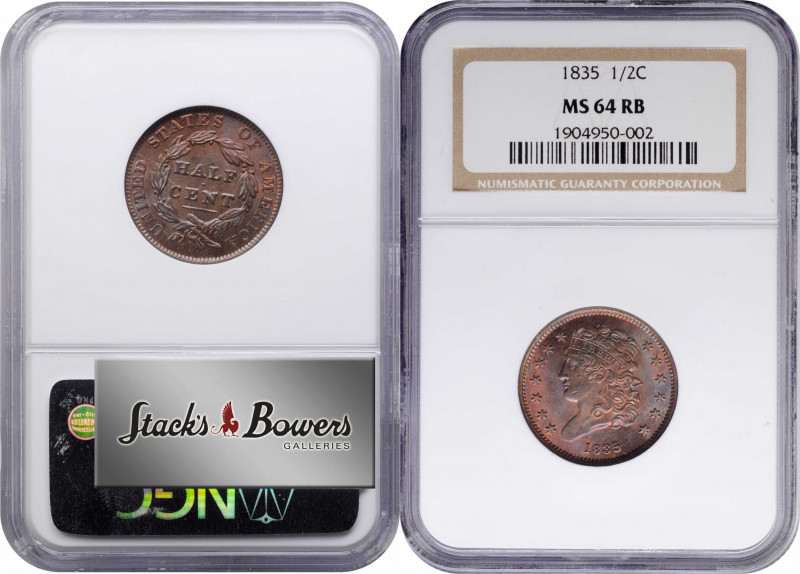 1835 Classic Head Half Cent. C-2. Rarity-1. MS-64 RB (NGC).

Well centered wit...