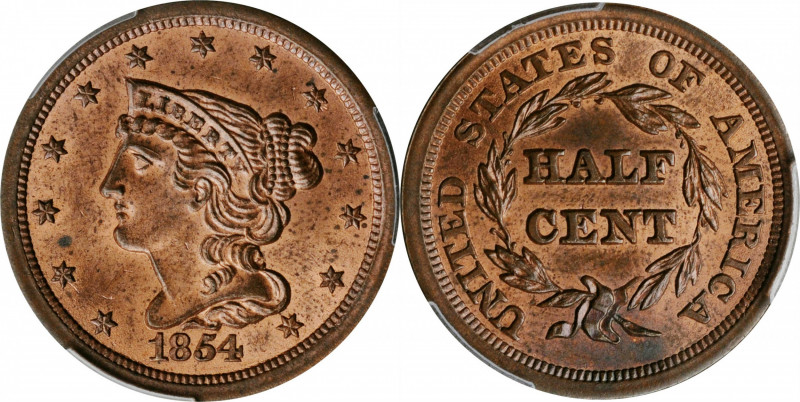 1854 Braided Hair Half Cent. C-1. Rarity-1. MS-64 RB (PCGS). CAC.

Sharply str...