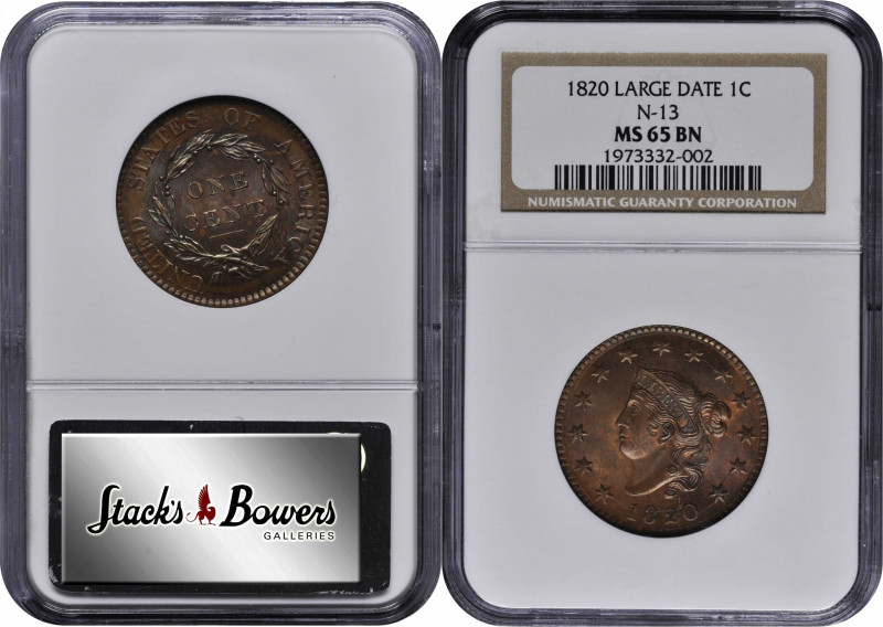 1820 Matron Head Cent. N-13. Rarity-1. Large Date. MS-65 BN (NGC).

Highly lus...