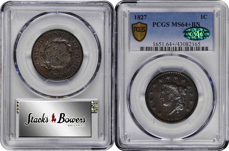 1827 Matron Head Cent. N-11. Rarity-1. MS-64+ BN (PCGS). CAC.

This satiny cho...