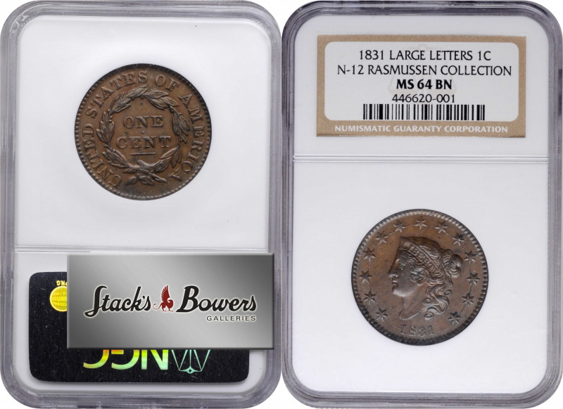 1831 Matron Head Cent. N-12. Rarity-1. Large Letters. MS-64 BN (NGC).

Deep ch...