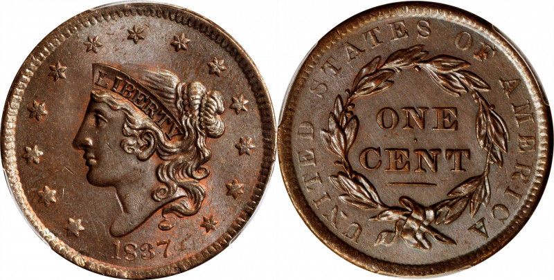 1837 Modified Matron Head Cent. N-12. Rarity-3. Head of 1838. MS-63 BN (PCGS).
...