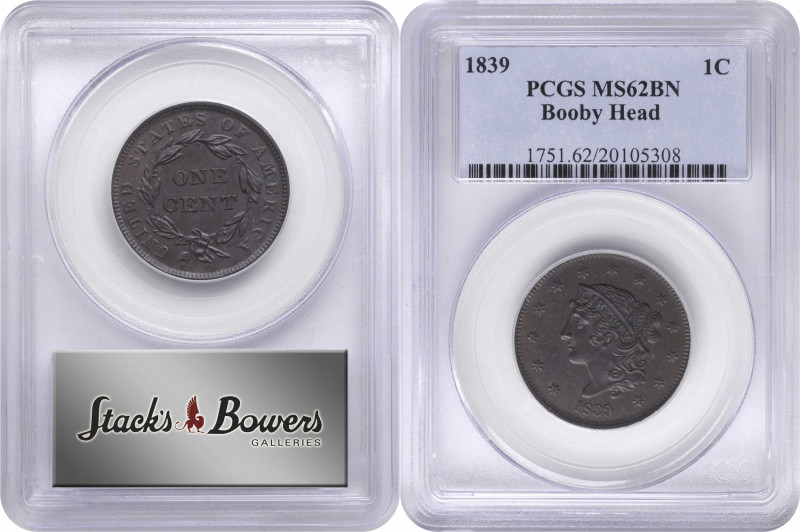 1839 Modified Matron Head Cent. N-13. Rarity-2. Booby Head. MS-62 BN (PCGS).

...