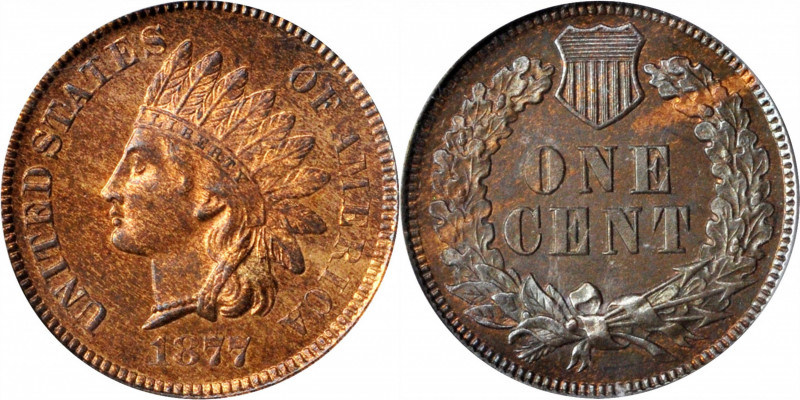 1877 Indian Cent. Proof-64 RB (PCGS).

This is one of the most eagerly sought ...