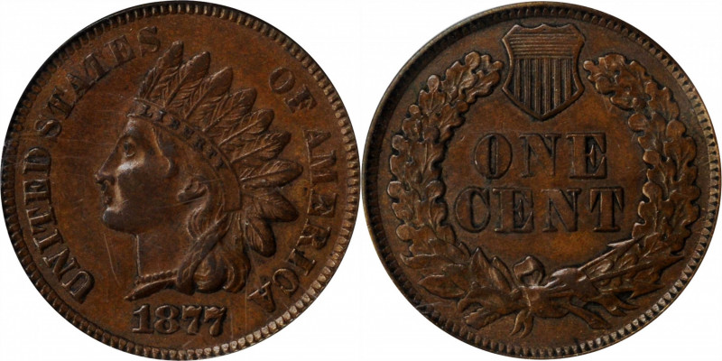 1877 Indian Cent. AU-55 (PCGS).

Sharply defined overall with rich tobacco-bro...