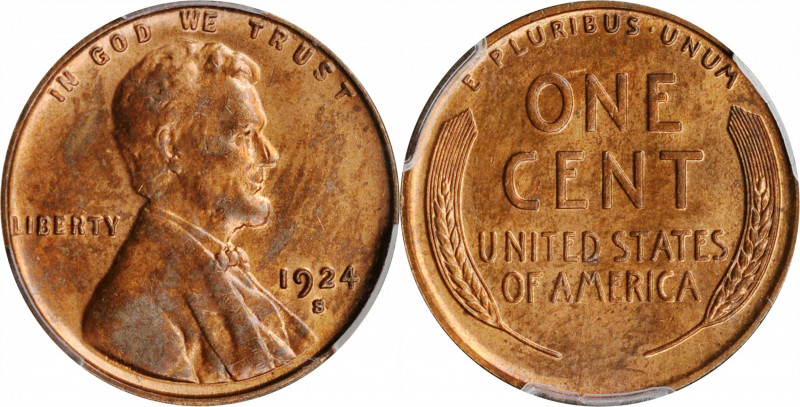 1924-S Lincoln Cent. MS-64 RD (PCGS).

Deep mint orange, tan, and golden red h...