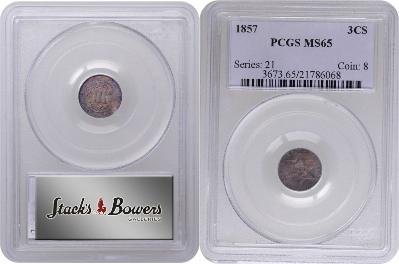 1857 Silver Three-Cent Piece. MS-65 (PCGS).

A beautifully toned Gem with blen...