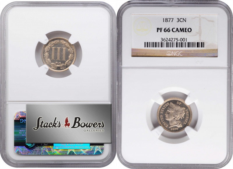 1877 Nickel Three-Cent Piece. Proof-66 Cameo (NGC).

An exquisite specimen, bo...