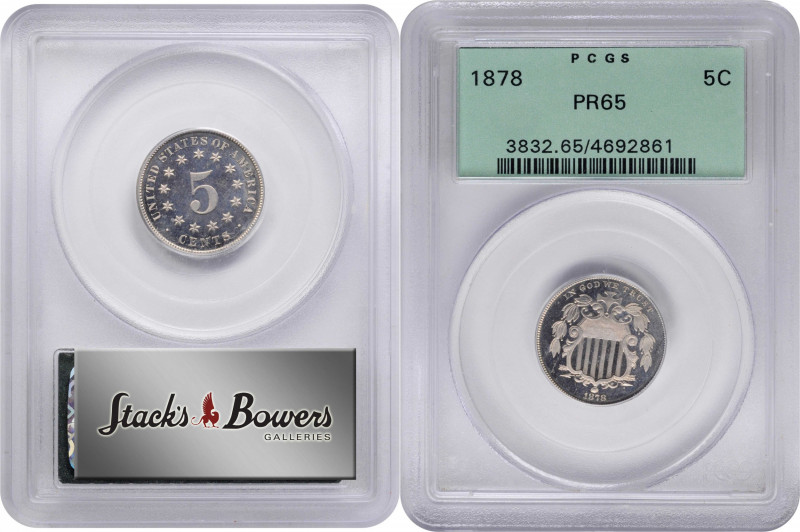 1878 Shield Nickel. Proof-65 (PCGS). OGH.

Untoned surfaces allow ready apprec...