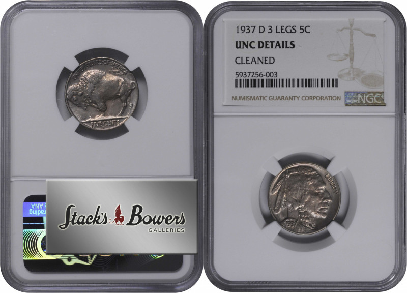 1937-D Buffalo Nickel. FS-901. 3-Legged. Unc Details--Cleaned (NGC).

Well det...