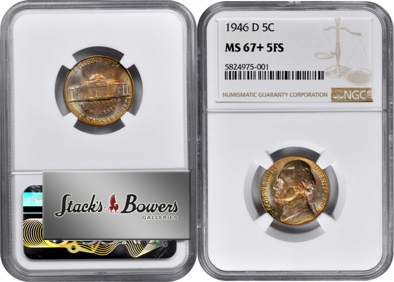 1946-D Jefferson Nickel. MS-67+ 5FS (NGC).

Sweeping crescents of vivid multic...