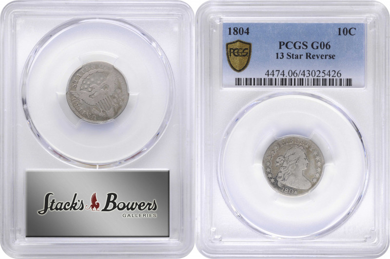 1804 Draped Bust Dime. JR-1. Rarity-5. 13 Stars on Reverse. Good-6 (PCGS).

Mo...