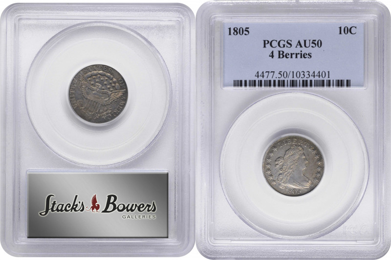 1805 Draped Bust Dime. JR-2. Rarity-1. 4 Berries. AU-50 (PCGS).

An attractive...