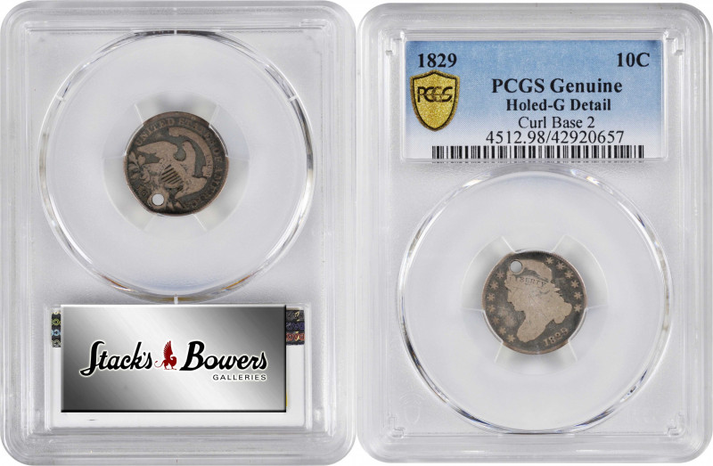 1829 Capped Bust Dime. JR-10. Rarity-5. Curl Base 2. Good Details--Holed (PCGS)....