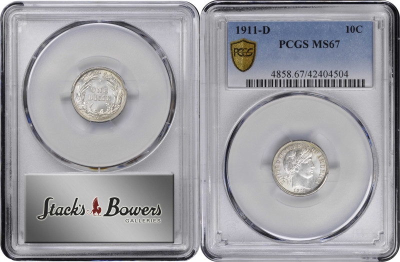 1911-D Barber Dime. MS-67 (PCGS).

Nearly brilliant frosty-white surfaces exhi...