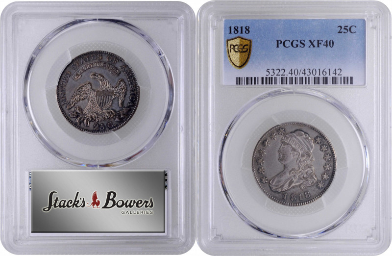 1818 Capped Bust Quarter. B-4. Rarity-3. EF-40 (PCGS).

Attractive, mostly sil...