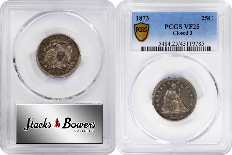 1873 Liberty Seated Quarter. No Arrows. Close 3. Briggs 2-B. VF-25 (PCGS).

A ...