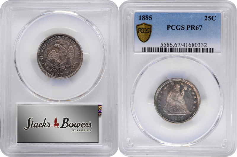 1885 Liberty Seated Quarter. Proof-67 (PCGS).

Splendid surfaces are expertly ...