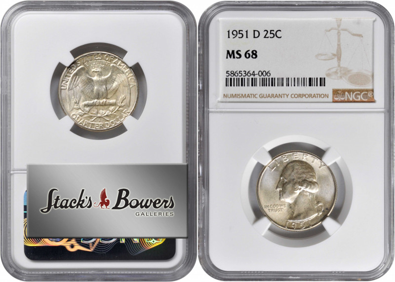 1951-D Washington Quarter. MS-68 (NGC).

Dusted with pale sandy-gold iridescen...