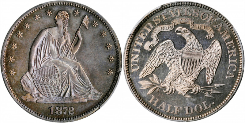 1872 Liberty Seated Half Dollar. Proof-62 (PCGS).

Lightly toned around the re...