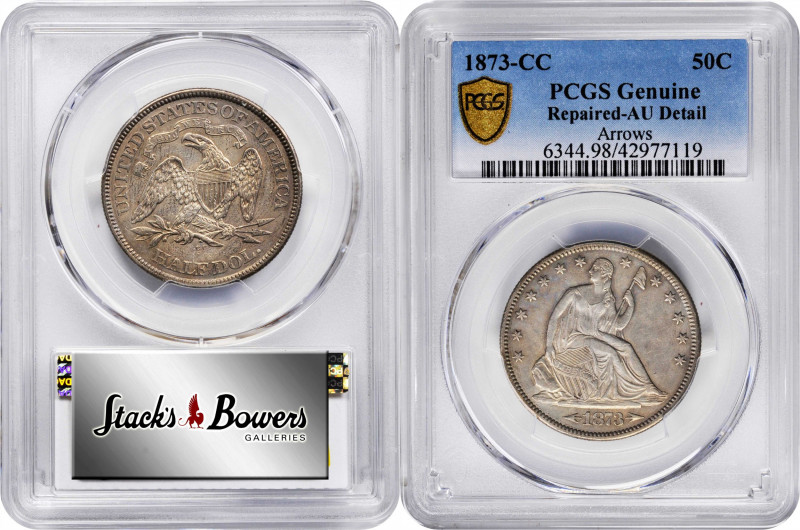 1873-CC Liberty Seated Half Dollar. Arrows. WB-3. Rarity-4. Small CC. AU Details...