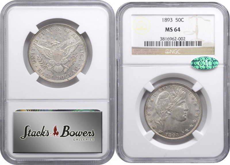 1893 Barber Half Dollar. MS-64 (NGC). CAC.

The bright, satiny surfaces displa...