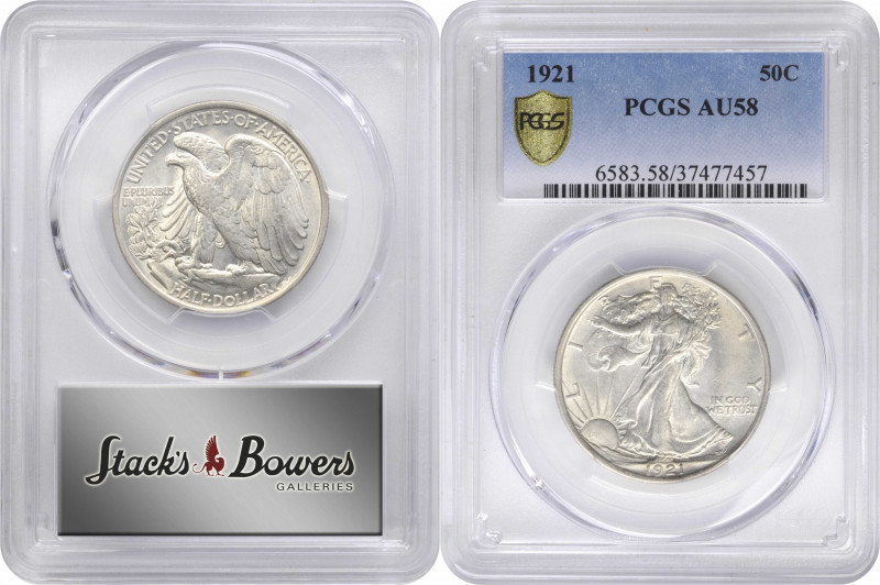 1921 Walking Liberty Half Dollar. AU-58 (PCGS).

This frosty, mostly lustrous ...