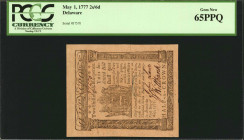 DE-87. Delaware. May 1, 1777. 2 Shillings 6 Pence. PCGS Currency Gem New 65 PPQ.

No. 37570. A tougher denomination to locate from the May 1st, 1777...