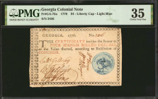 GA-75a. Georgia. 1776. $4. PMG Choice Very Fine 35.

No. 2456. Blue Liberty Cap seal. Black and red print. Five signatures. A highly attractive mid-...